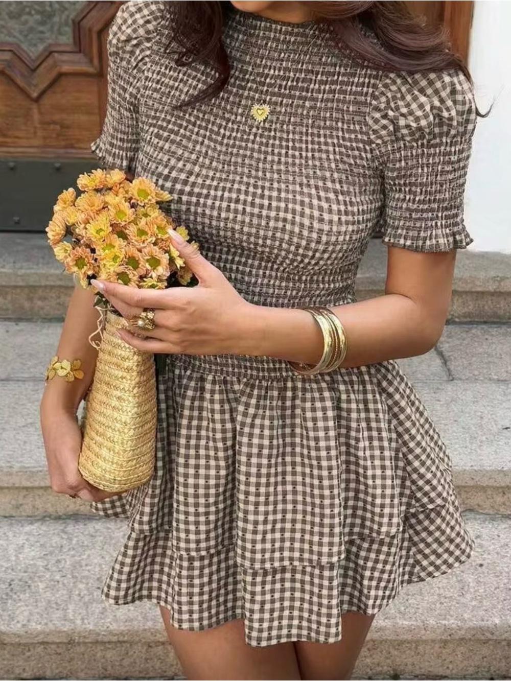 Brown Gingham Short Sleeve Smocked Waist Dress